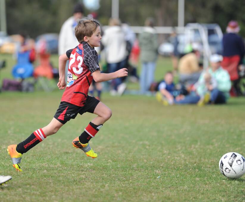 Striding out: Kate Reading straining as he tries catching up to the ball during the junior soccer gala day on Sunday.