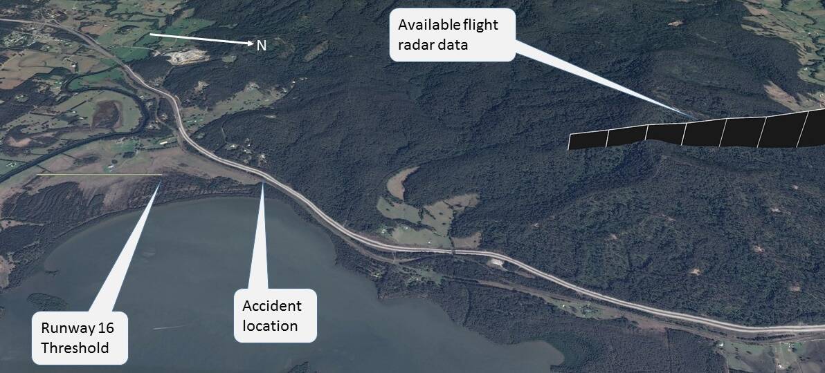 Fatal path: Flight path approaching The Lakes. Radar data was lost below 900 ft altitude. Photo: Google Earth modified by ATSB