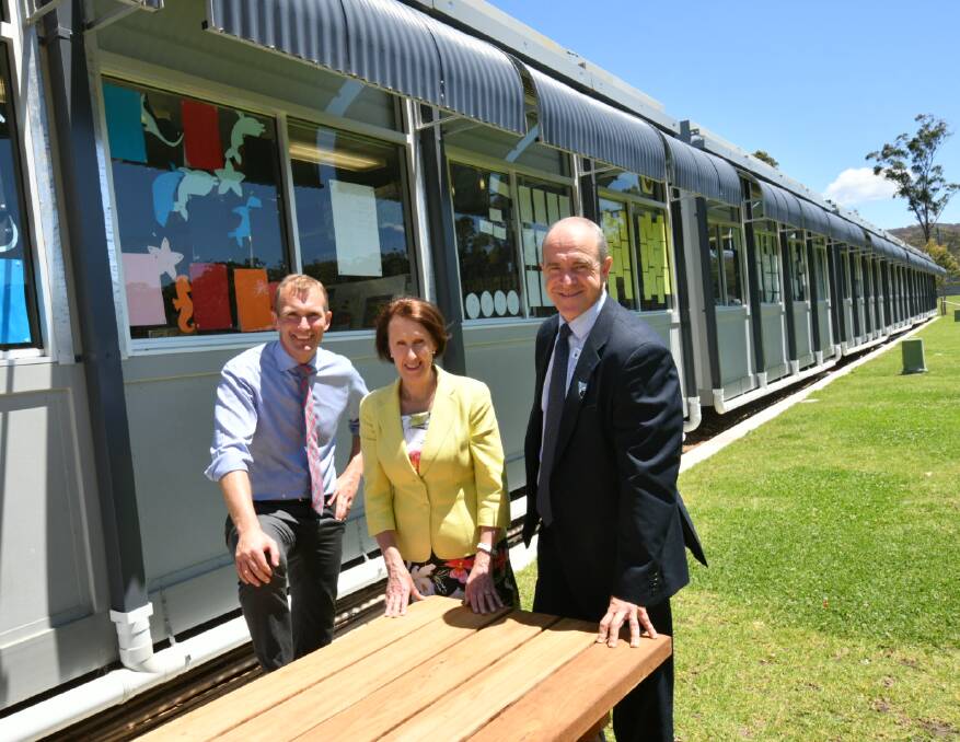 Future focused: NSW Minister for Education Rob Stokes, Port Macquarie MP Leslie Williams and Lake Cathie Public School principal Jock Garvan.
