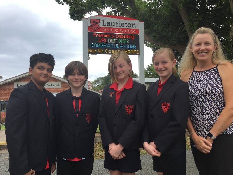 Great debate: Laurieton Public School's debating team is heading for the state titles. The team includes, Aashraya Phuyal, Lukas Alley, Oakley Lucas, Jayden Lucas and coach Melanie Strong.