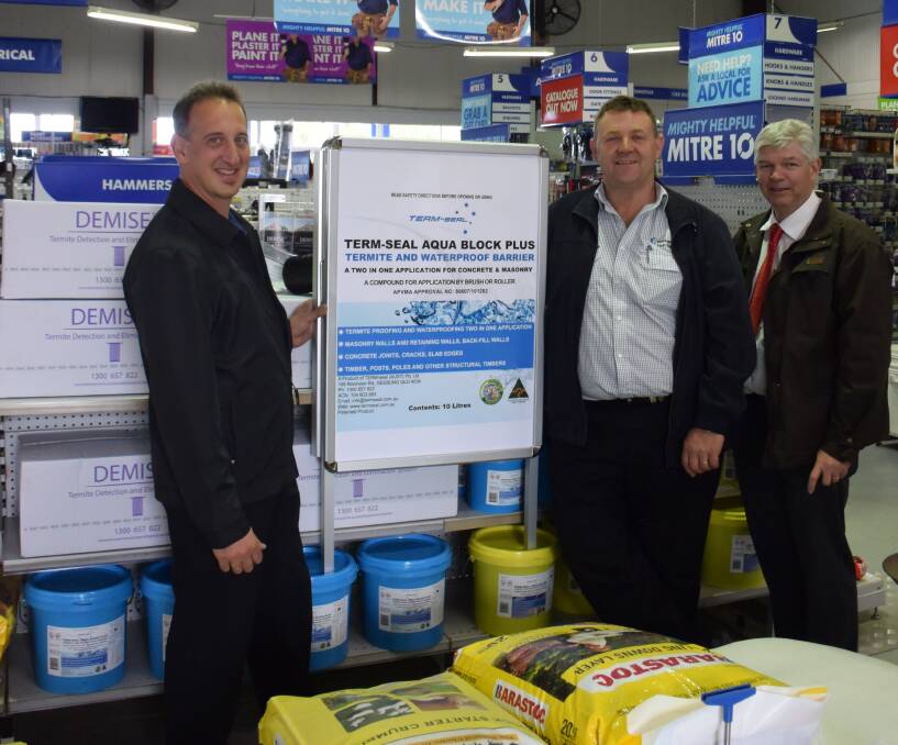 Local invention - TERM-seal's Ed Caruana, Mitre 10 manager David Hore and Hastings Co-op CEO Allan Gordon at the Mitre 10 store where the new product is being sold.