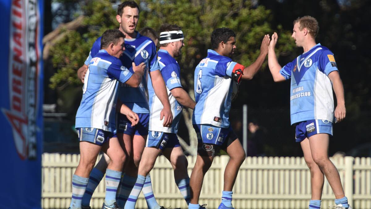 Four points: Kendall Blues celebrate another try in their 48-point hammering of Lower Macleay last weekend. Photo: Ivan Sajko