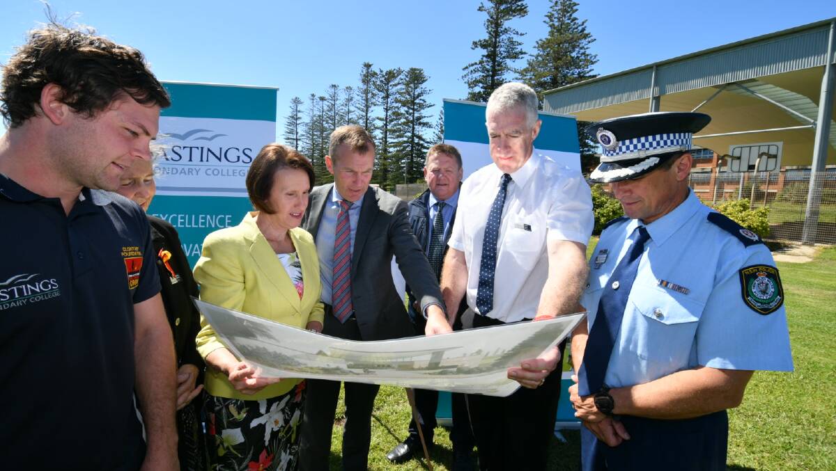 GO AHEAD: Member for Port Macquarie Leslie Williams and State Education Minister Rob Stokes with Clont Tarf Operations Officer, Jeremy Smith, Principal of Hastings Secondary College, Port Macquarie, Loraine Haddon, PCYC General Manager, Lester Stump, Acting Deputy Principal, Geoff Duck and Assistant Police Commissioner Capability Performance and Youth Command, Joe Cassar. Photo: Ivan Sajko