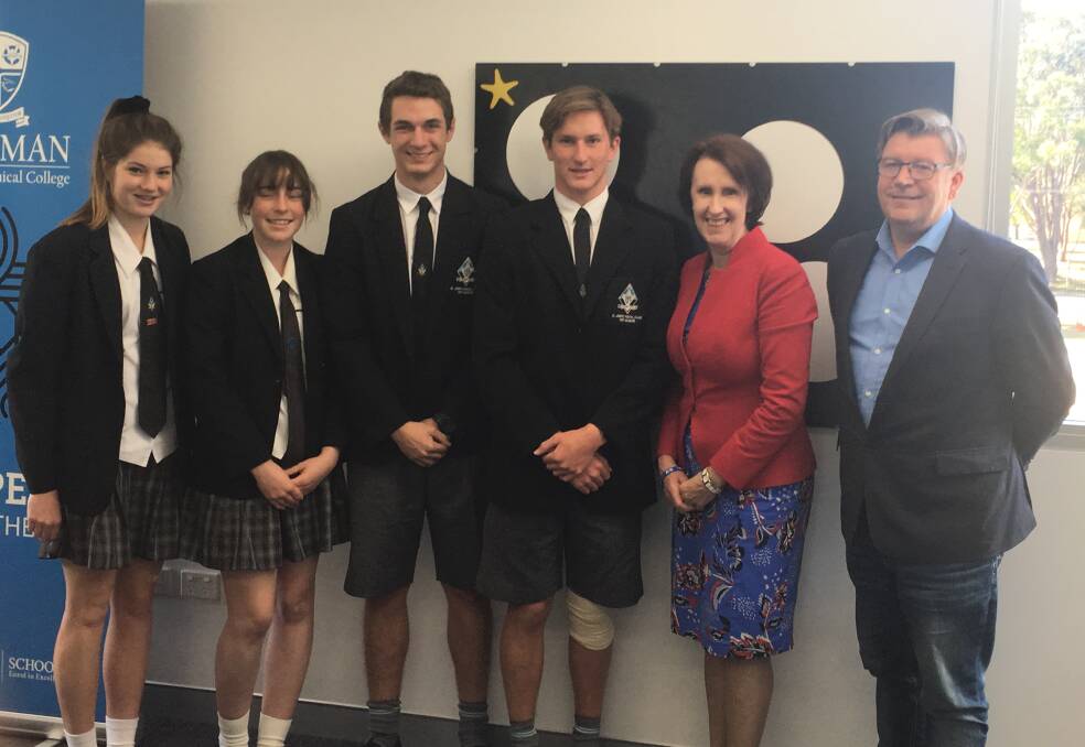 St Joseph's Regional College students Eilidh Aldridge, Zoe Groth, Ty Bonney 
and Hugh Stewart, Port Macquarie MP Leslie Williams and NSW advocate for children and young people Andrew Johnson attend the youth forum.
