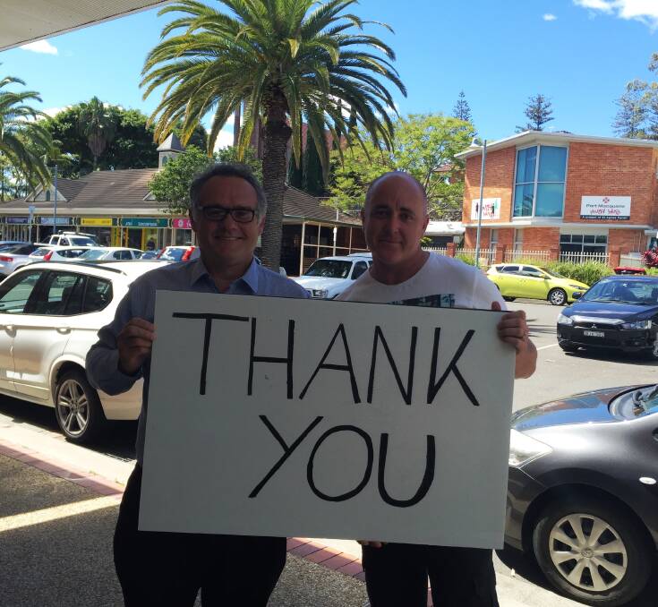 New faces: Peter Alley and Lee Dixon thank the voters for their support in the Port Macquarie-Hastings Council election.