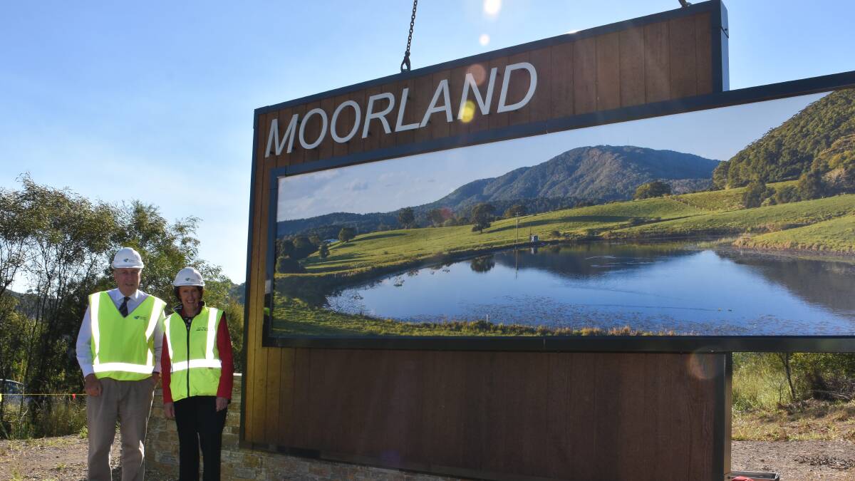 Tourism boost: Roads Minister Duncan Gay and Port Macquarie MP Leslie Williams launch the Moorland sign.