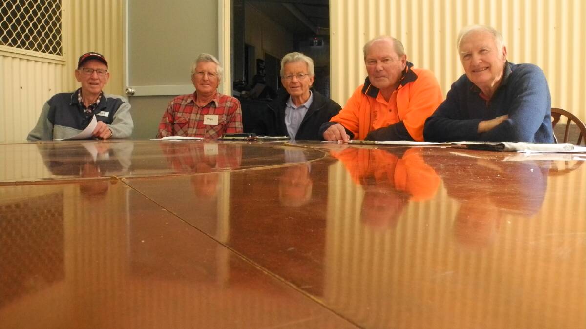 Knights of the round table: five of the representatives at the Wingham-hosted cluster group meeting were Dave Pollard of Harrington, Jim Brydon of Wingham, Len Keogh from Taree Manning River, John Belsher of Wallis Lake, and Barry Hume of Laurieton sheds. Photo: Julia Driscoll. 