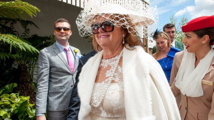 Huge debt, but in high spirits: Gina Rinehart as she arrived in the Birdcage for this year's Melbourne Cup. Photo: Jesse Marlow