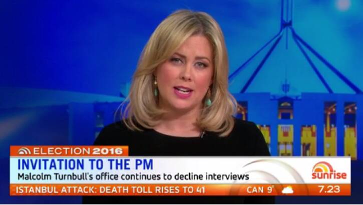Samantha Armytage tells viewers that prime minister Malcolm refused to appear on <i>Sunrise</i> during the last election. Photo: Screenshot