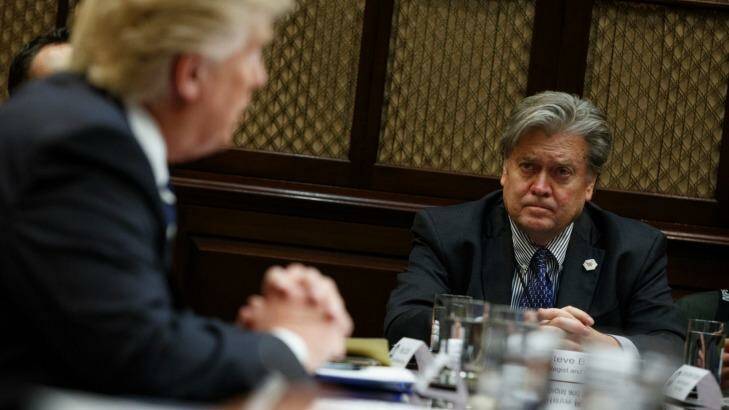 Donald Trump with his chief strategist, Steve Bannon, who helped founded Breitbart News. Photo: Evan Vucci