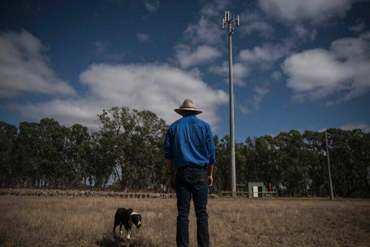MELBOURNE, AUSTRALIA - MARCH 16:  Culla Farmer Anthony Close who's family property Kurra-Wirra is where the 100th Mobile Base Station has been built. Funded under the Mobile Blackspot Program which is part of Telstra's regional mobile network, the new network will help farmers like Anthony with the work.  March 16, 2017 in Melbourne, Australia. (Photo by Josh Robenstone/Fairfax Media)