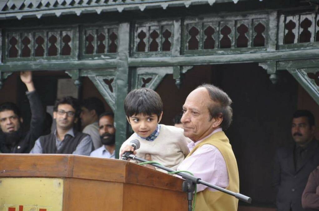 Sammy speaks: Sammy Sumbal, aged 8, son of Fayyaz Sumbal, a Pakistani police officer killed in a suicide bombing in 2013, thanks the crowd after the charity cricket game.  Photo: Supplied