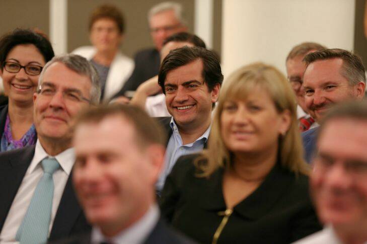 Senator Sam Dastyari listens as Opposition Leader Bill Shorten addresses caucus meeting at the Opposition party room at Parliament House in Canberra on Tuesday 23 February 2016. Photo: Alex Ellinghausen Photo: Alex Ellinghausen