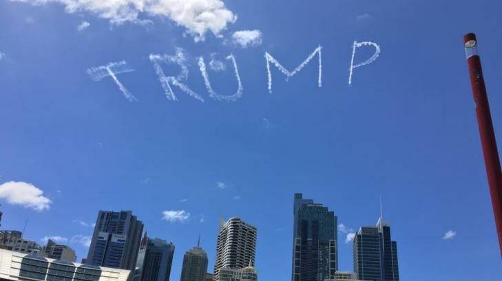 "Trump" appears in skywriting over Sydney.  Photo: Samundra Shrestha