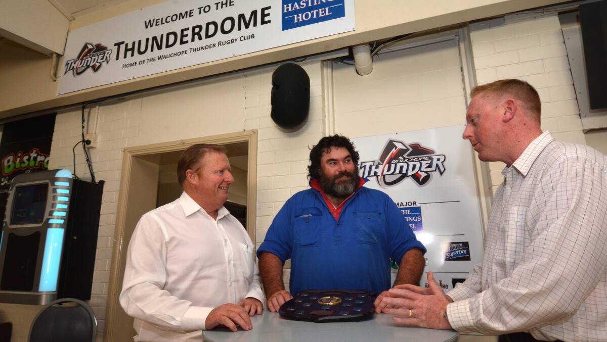 Throwing some ideas around: Marc Minor, Peter Daley and Mark McKay meet to discuss Wauchope Thunder's future. Pic: PETER GLEESON