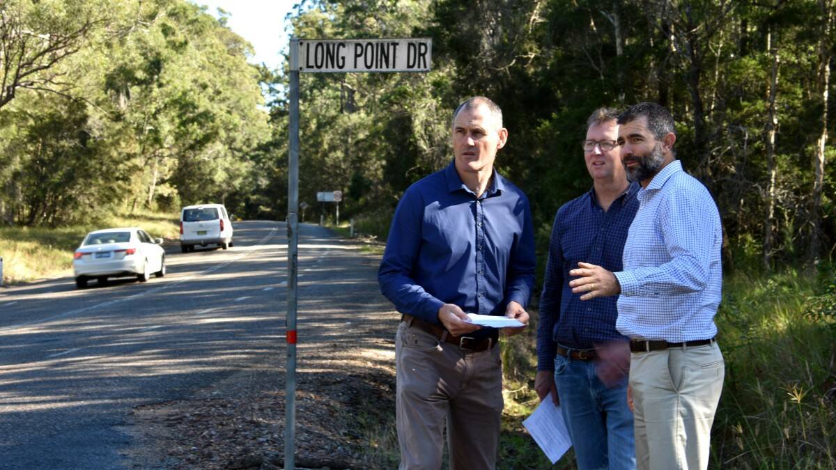 Ready for an upgrade: Port Macquarie-Hastings mayor Peter Besseling, councillor Rob Turner and group manager Gary Randall at the intersection of Hastings River Drive and Long Point Drive on Thursday. Photo: PETER GLEESON