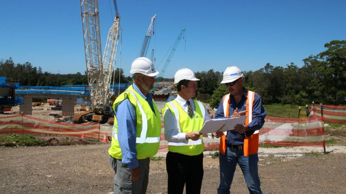 Irwin Perring (RMS, Senior Project Manager), MP David Gillespie and Jason Voight (Lend Lease Project Manager, Oxley Highway to Kundabung Pacific Highway Project)