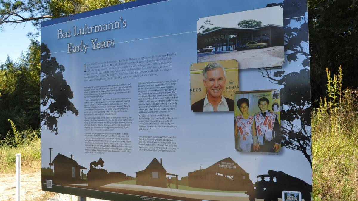 Famous face: A heritage sign at the site of the Herons Creek Service Station, owned by the Luhrmann family and where Baz grew up before embarking into film making.