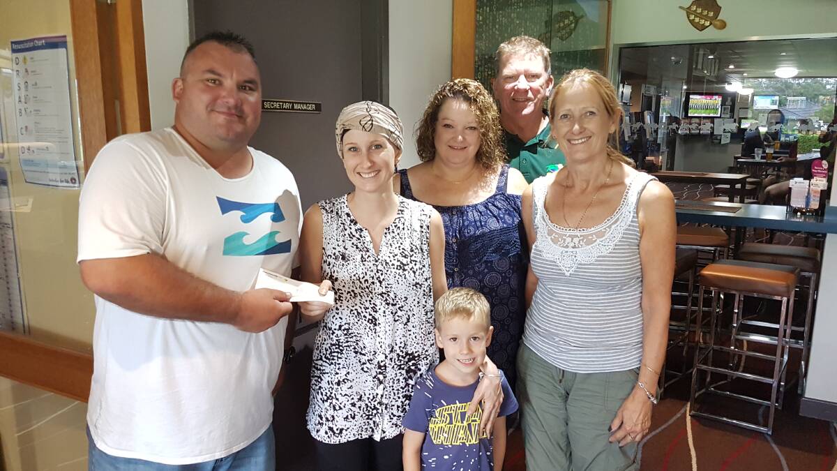 GRAND DONATION FOR JESS: Businesshouse bowlers donated their $1200 prizemoney to Jess Higgins. Pictured is Matt Hyde, Jess Higgins, Toni Parker-Wylde, Andy Lloyd (Competition Organiser) and Vera Donkin.
