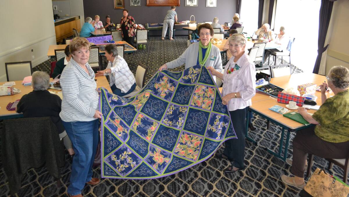 TIME TO CREATE: The Laurieton United Services Club Friendship Quilters are stitching up a fantastic expo to share skills and highlight talent. Pictured are Sally Hart, vice president, Barbara Booth, secretary, and Yvon Buxton, president.