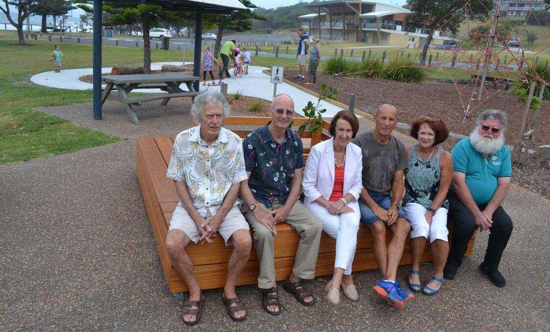 GREAT SPOT: Community, government and council funds helped build the second stage of the playground at Rainbow Beach Reserve. Pictured are Bill Howell and Roger Barlow from the Bonny Hills Progress Association, MP Leslie Williams, Phil and Jenny Higgins from the Kendall Community Op Shop and the progress association's Phil Hafey. 