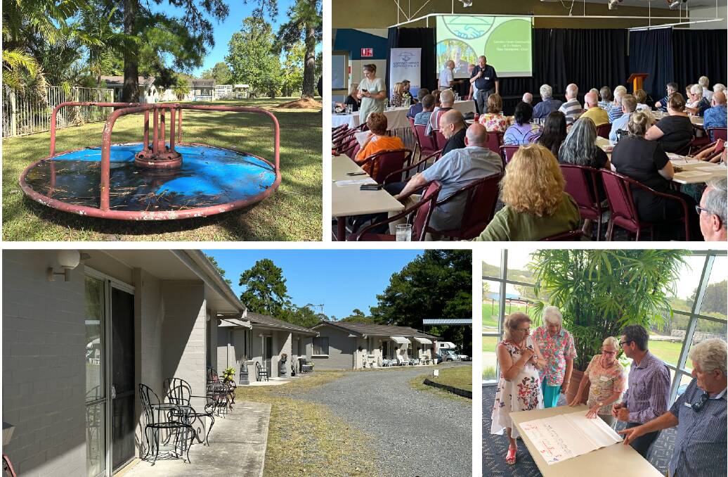 The motel earmarked for purchase (left), Community at 3 Chair Theo Hazelgrove speaking at the fundraising launch (top right) and LUSC's Rob Dwyer leading a brainstorming session (bottom right, at centre). Pictures by Sue Stephenson and supplied
