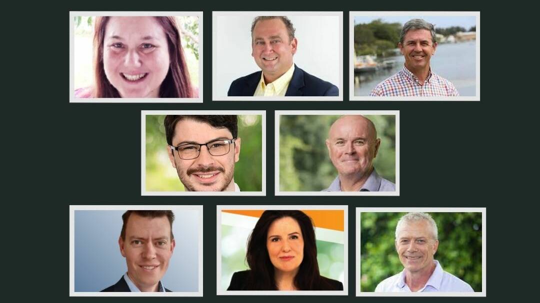 (From top L to bottom R): Joanne Pearce (Independent), Joel Putland (United Australia Party), David Gillespie (The Nationals), Alex Simpson (Labor), Steve Attkins (Independent), Mark Hornshaw (Liberal Democrats), Josephine Cashman (One Nation) and Karl Attenborough (The Greens)