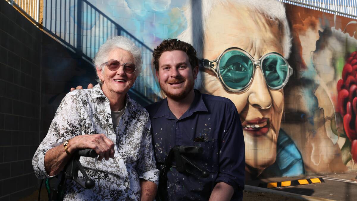 Jerome with Wanneroo local Margaret who was one of the local characters who became part of a Wanneroo mural he was commissioned to paint.
