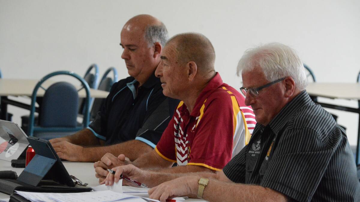 Group Three Rugby League registrar Warren Blissett (left) from Forster, chairman Wayne Bridge from Wingham and chief executive Mal Drury from Taree at the annual meeting.