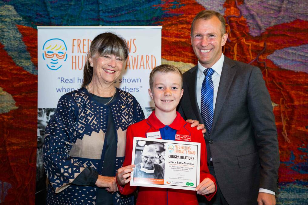 Humanity award: Gabi Hollows with Darcy Eady-Muxlow and NSW Education Minister Rob Stokes.