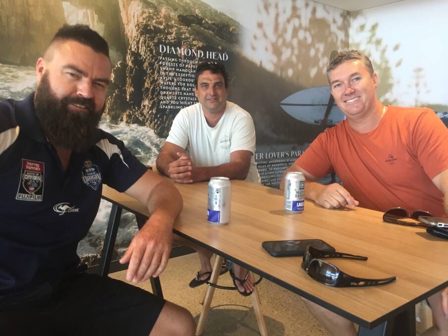 Here we come: Nathan O'Neill, Adam Bailey and Charlie Redmond ready to leave Port Macquarie to attend Wednesday night's state of origin decider.