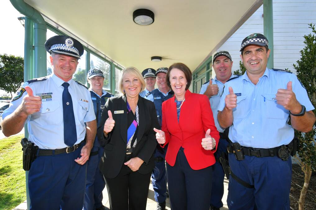 Thumbs up: Celebrating the announcement of a new police station in Port Macquarie are Superintendent Paul Fehon, Snr Cst Alison Baker, Ros Lang, Inspector Mick Aldridge, Snr Cst Tristan Membrey, Port Macquarie MP Leslie Williams, Snr Cst Justin Cordell and Sgt Jason Maxwell. Photo: Ivan Sajko