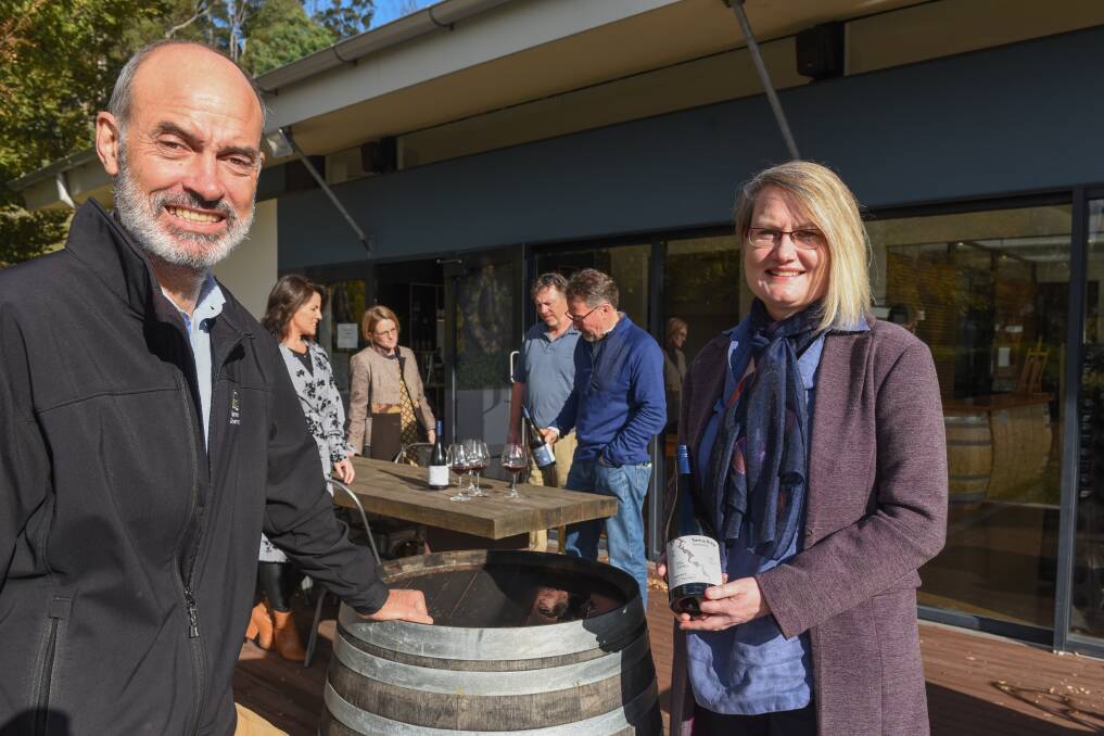 Primary Industries Minister Guy Barnett and Sheralee Davies at Tamar Ridge vineyard at Rosevears. Picture: Paul Scambler