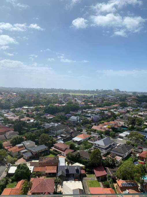 Quarantine life: The view from Luke Meier-Smith's hotel room, where in the distance lies Randwick Racecourse. Photo: supplied