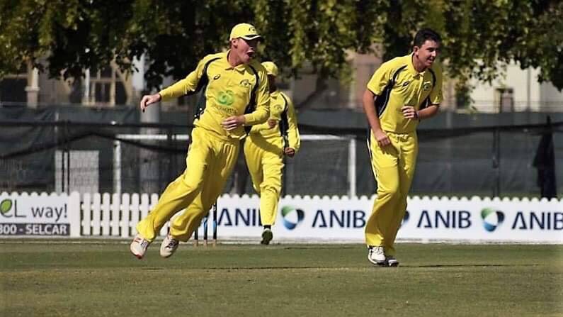 Got him: Connor Cook celebrates a wicket for Australia in Abu Dhabi. Photo: supplied