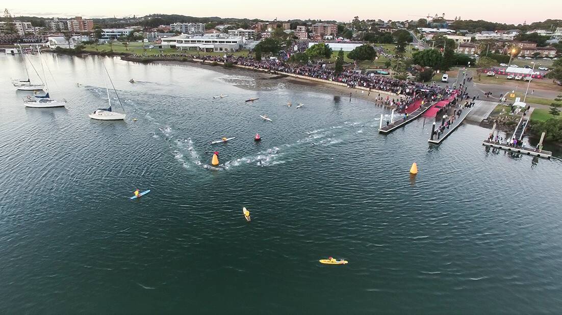 Race start: A shot from a drone before the start of Ironman Australia last year. Photo: supplied