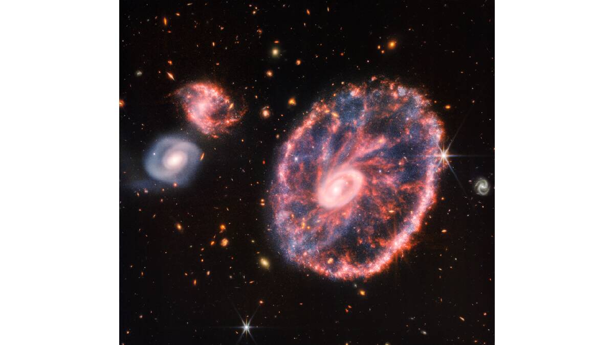 A large pink, speckled galaxy resembling a wheel with with a small, inner oval, with dusty blue in between on the right, with two smaller spiral galaxies about the same size to the left against a black background. Credits: NASA, ESA, CSA, STScI