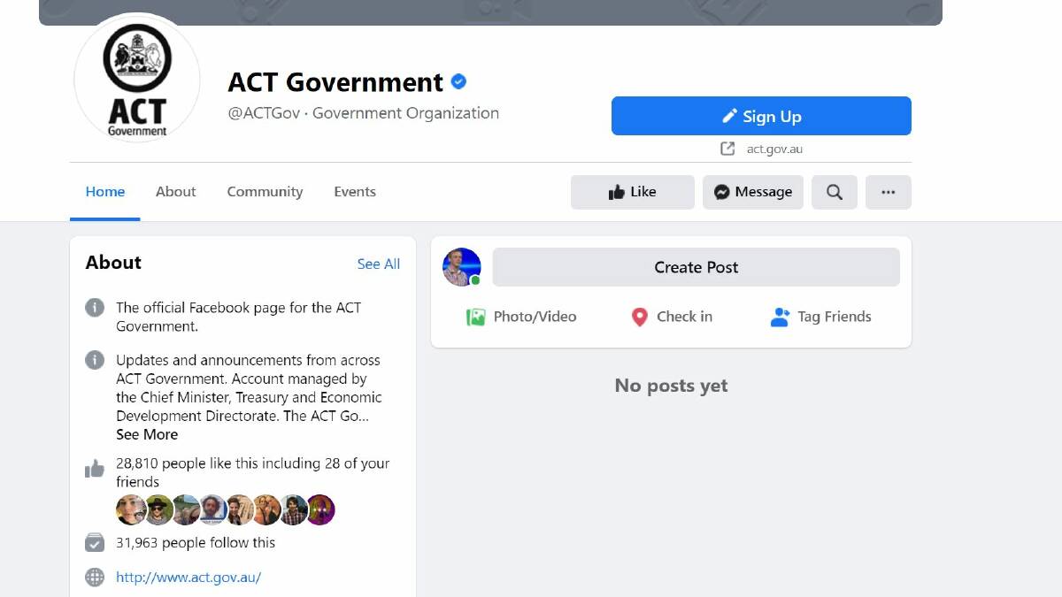 The ACT government's Facebook page has been wiped.