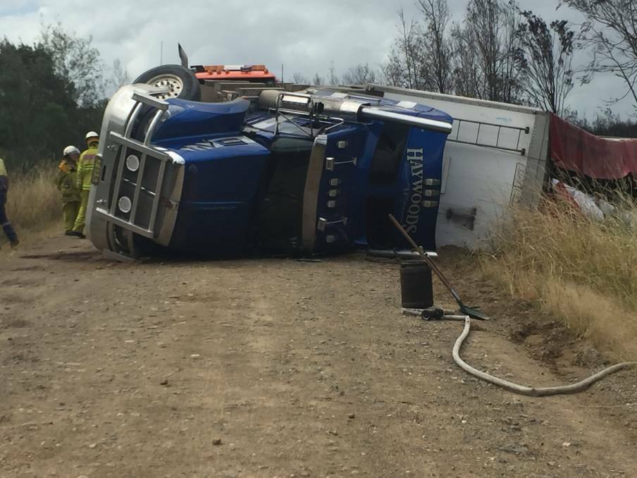 OVER AND OUT:: A truck rollover on Maria River Road in 2018 highlighted the poor condition. Photo Peter Daniels.