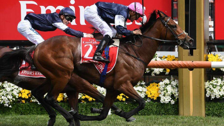 Rekindling, ridden by Corey Brown, wins the 2017 Melbourne Cup. Photo: AAP