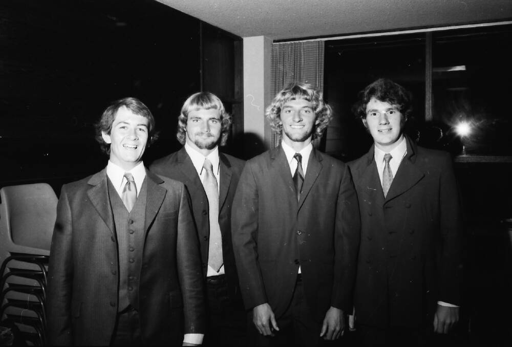 Goodbye: Six formers Francis Quinn, Bob March, Michael Ptolemy and Trevor Lloyd at the farewell dinner, 1970.