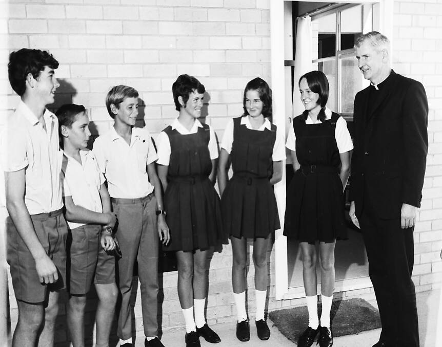 Blessings: Prefects and captains of St Josephs High School, Bill Roelands, Paul Noakes, Patrick Lulham, Denise Sharkey, Lynette Clarke and Denise Buckley with Father Donnelly, 1970.