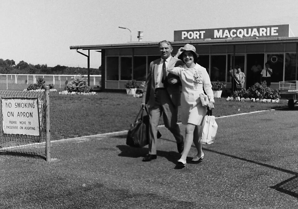 Flying the flag: Roger and Eve Dulhunty leave on their trip to Hawaii for the Rotary International Conference, 1969. Photos supplied by Port Macquarie Museum.