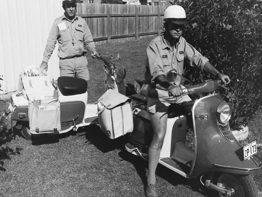 1968: "Postie" Mackaway and Ned McInherney with the new PMG Deparment motorcycles. Postman Eric Trueman has gone to Sydney for treatment on a fractured thumb after a fall from his motorcycle on the first day of use.