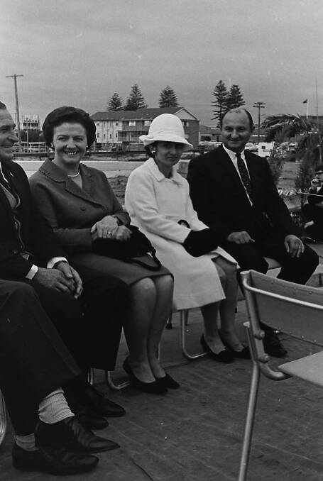 Official party: Shire president Cr Joe Andrews and Mrs Andrews, with developer Peter Vaggelas, and Mrs. Vaggelas at the Sequicentenary Bridge opening, 1968.