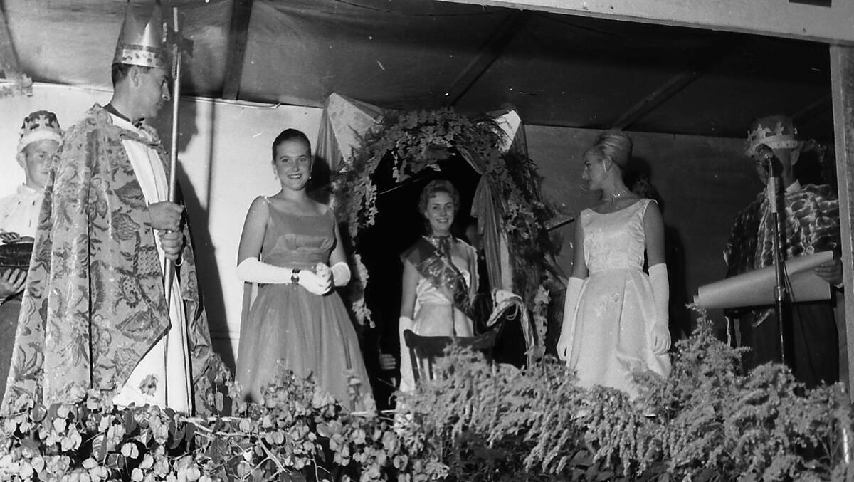 Crowning ceremony: John McDonald, Nita Scaysbrook, Carnival of the Pines Queen Margaret Stanley, and Sue Goodwin, 1963.