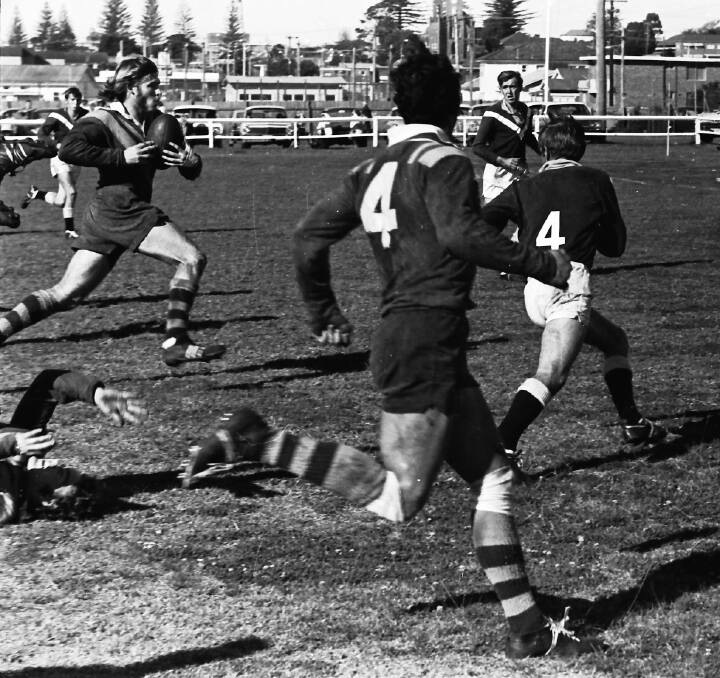 Adrian Bolton (with ball) begins one of many successful dashes in the reserve grade game, 1971. Photos: supplied by Port Macquarie Museum.