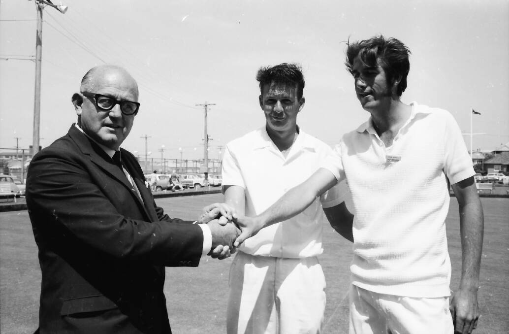 Well done: Ald C.C. Adams congratulates Lloyd Skimmings and John Hopper on their victory in the Gold Medal Pairs tournament, 1970. Photo: supplied