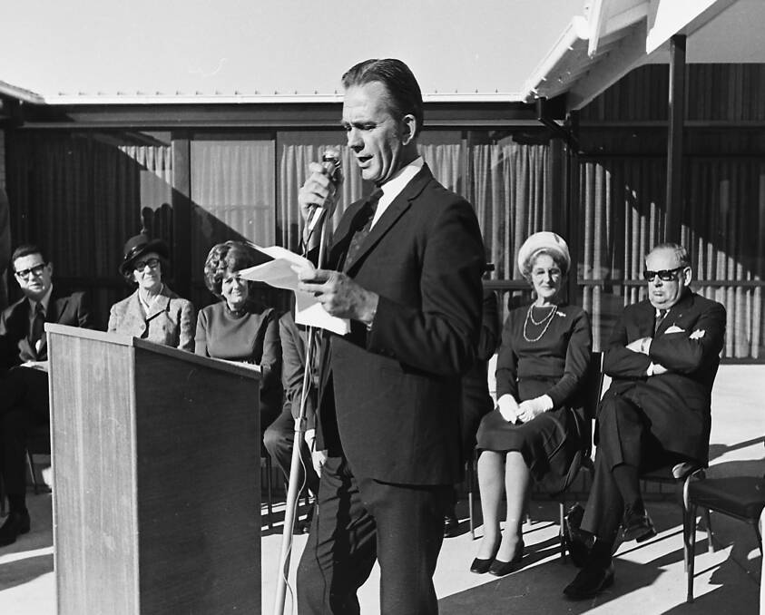 Proud day: Harry Hutchison, chairman of directors of the Clifton Rest Home speaks at the opening, 1971. Photo: supplied by Port Macquarie Museum.