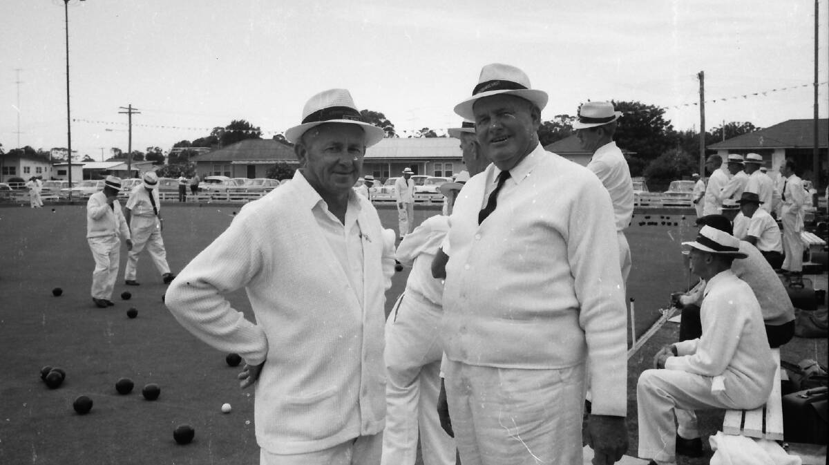 Good turn out: Dal Burke with West Port Bowling Club life member George Bale at the Riverview Bowls Carnival, 1970. 